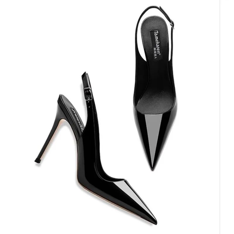 Sexy high-heeled sandals with pointed tips and elegant 2025 summer patent leather strappy fashionable party women's shoes