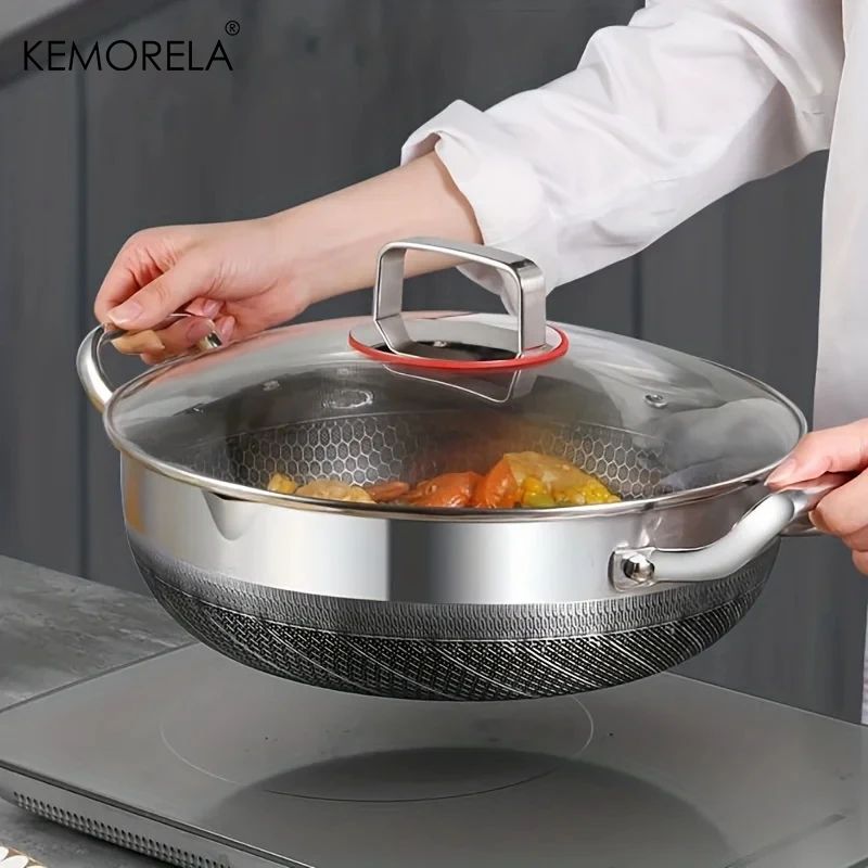 Frigideira de Aço Inoxidável 304 26/28/30cm, Antiaderente Grau Alimentício, Fundo de Panela Colmeia, Panela Geral para Fogão a Gás e de Indução