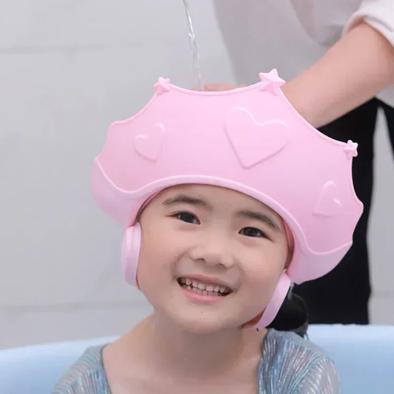 Chapéu de banho de borracha macia ajustável à prova d'água para bebês, proteção auricular infantil, xampu seguro para crianças, chapéu de bebê padrão coroa