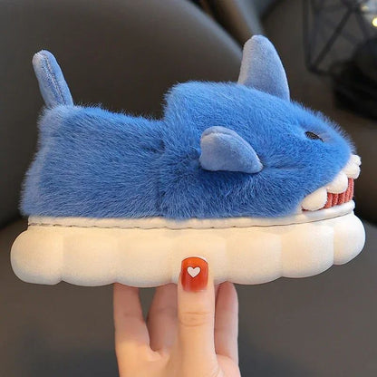 Winter Heel Wrap Cotton Children's Slippers Cute Cartoon Shark Non-slip Soft Sole Kids Boys Girls Junior Warm Plush Home Shoes