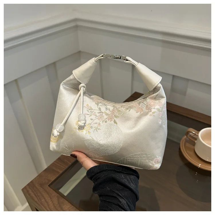 Sweet Embroidery Shoulder Bag Nylon Texture Pearl Pendant Crossbody Bag Small Bucket Handbag Women Canvas Luxury Cheongsam Bag