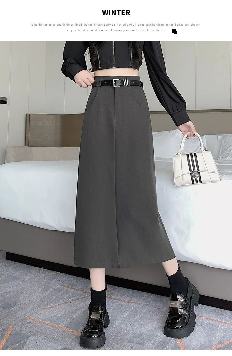 Grey High-waisted A- line Skirt Half Dress Petite Long Dress Autumn/winter For Women Side Slit Workwear