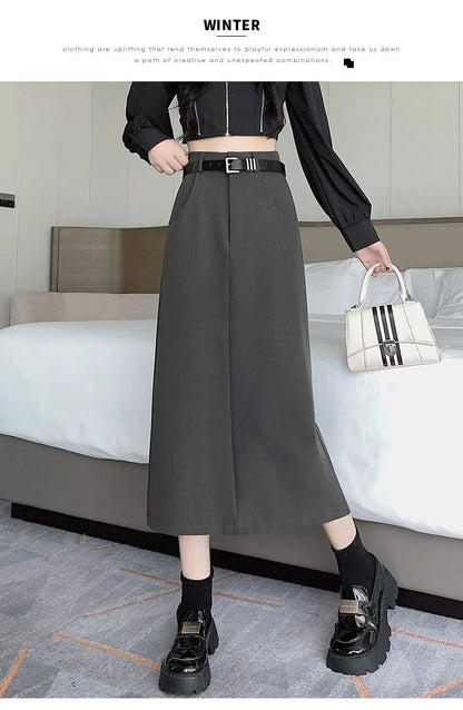 Grey High-waisted A- line Skirt Half Dress Petite Long Dress Autumn/winter For Women Side Slit Workwear