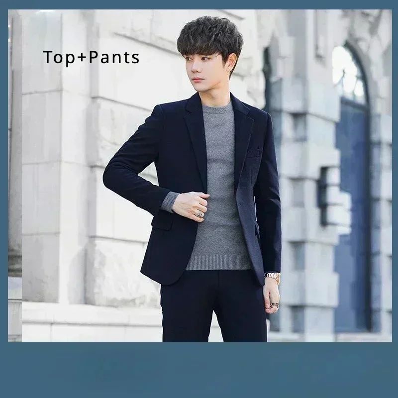 S-6XL Men's Business Casual Suit Korean Style Trendy Slim Fit 2 Piece Set Solid Color ?Blazer+ Pants )Groom Wedding Dress Party