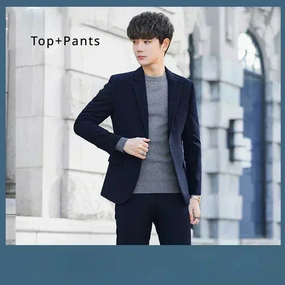 S-6XL Men's Business Casual Suit Korean Style Trendy Slim Fit 2 Piece Set Solid Color ?Blazer+ Pants )Groom Wedding Dress Party