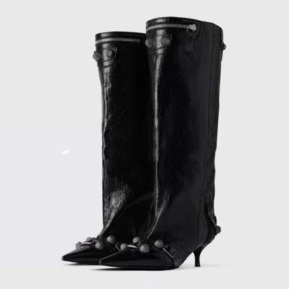 Women's Sexy Stiletto High Heels with Rivet Decoration, Wide Barrel Knee Length Boots, European and American Fashion Show Boots
