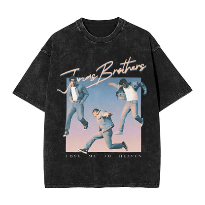 Summer Men's Retro Women's Casual Crew Neck Fashion Loose Clothing Jonas Brothers Washed Short Sleeve 100% Cotton T-Shirt