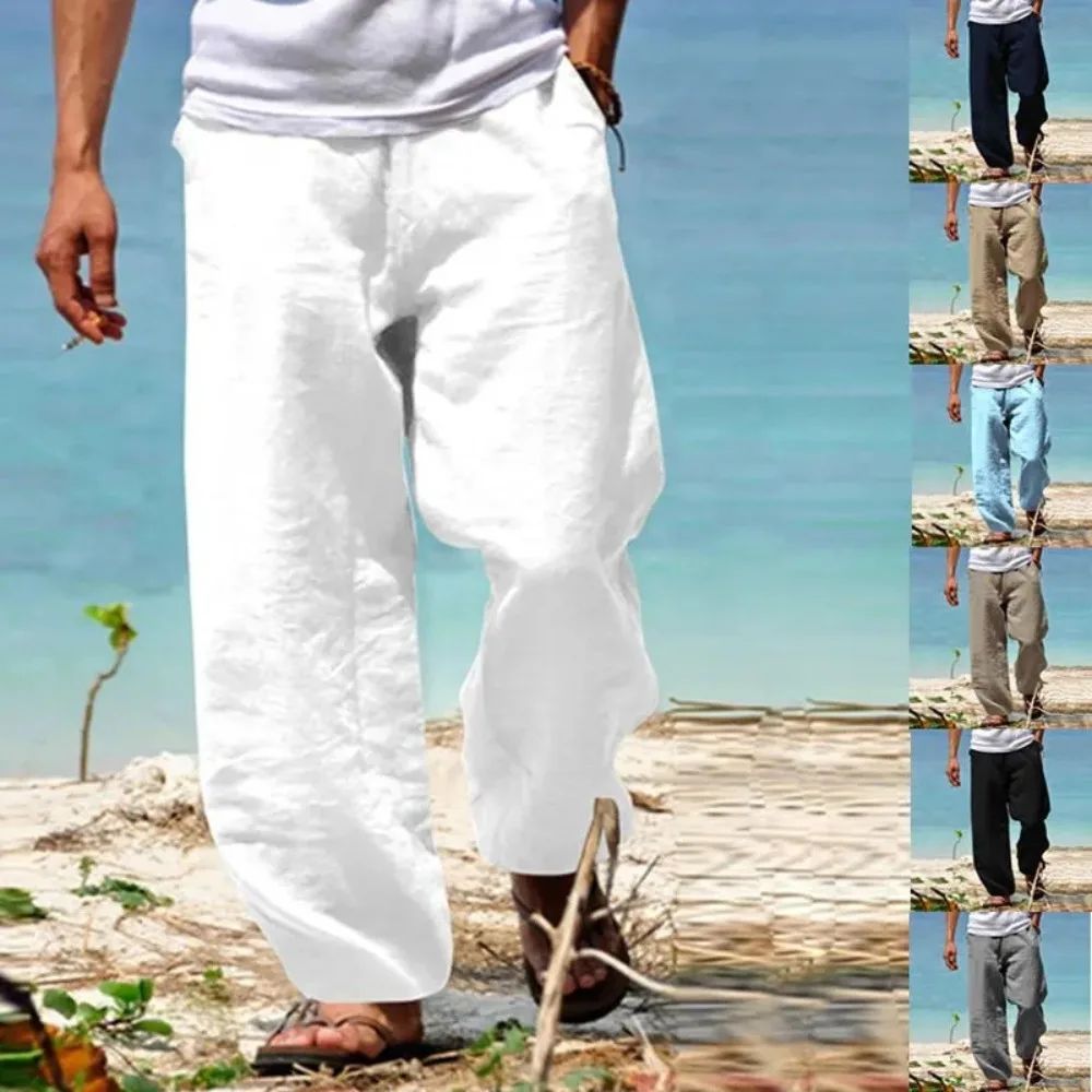 Men's Linen Beach Pants Breathable Loose Straight Trousers Male Summer Casual Solid Color Japanese Streetwear