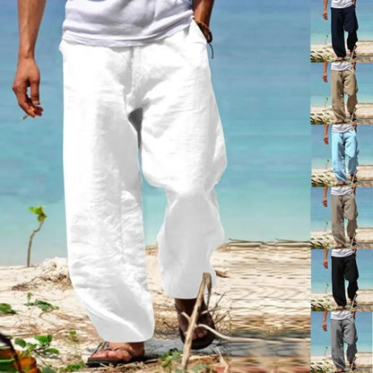 Men's Linen Beach Pants Breathable Loose Straight Trousers Male Summer Casual Solid Color Japanese Streetwear