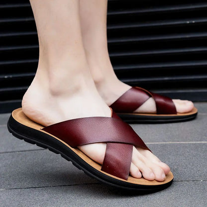 Men Shoes New  Summer Shoes Italian Leather Slippers Men High Quality Size 38-47 Beach Slip on Flats Man Flip Flops Mens Sandals