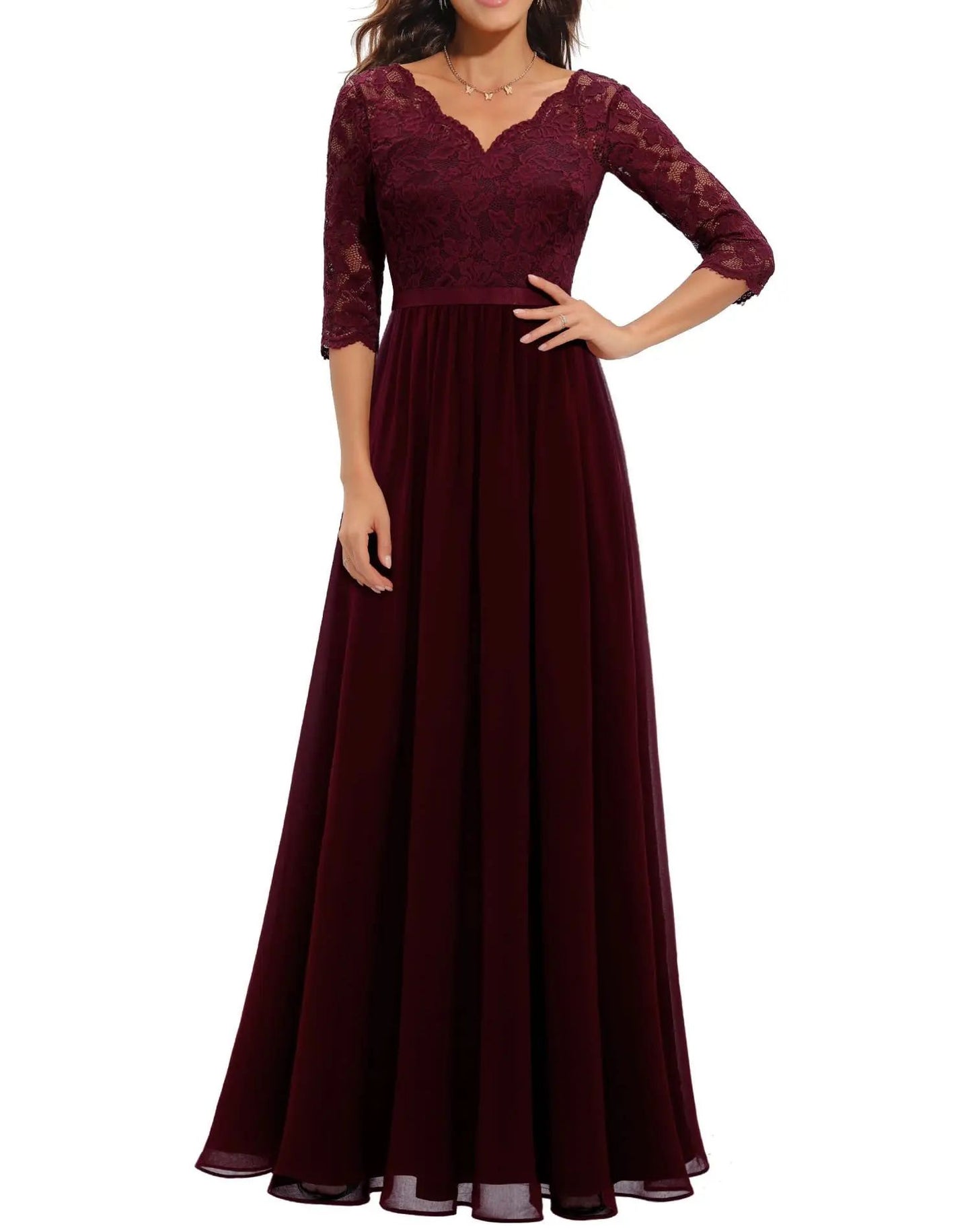 New 6-Color 5-Size Lace Splicing Long Waist-Cinching Elegant Dress Floor-Length V-Neck Polyester Fiber Evening Gown Dress