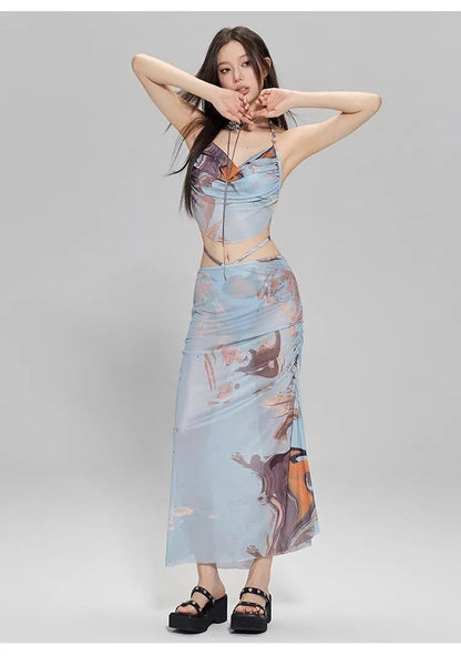 2024 New Three-Piece Bikini Set Beach Vacation Hot Spring Trip Slimming Long Skirt Separate Swimsuit Meat Concealing Photography