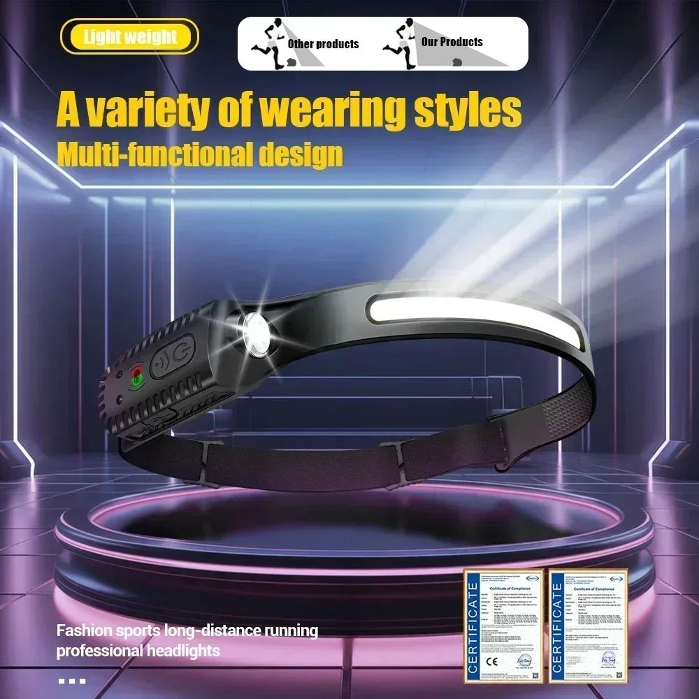 1-10PCS LED Indication Headlamp Rechargeable Head Flashlight 1200mah Built in Battery Outdoor Camping Fishing Headlight Lantern