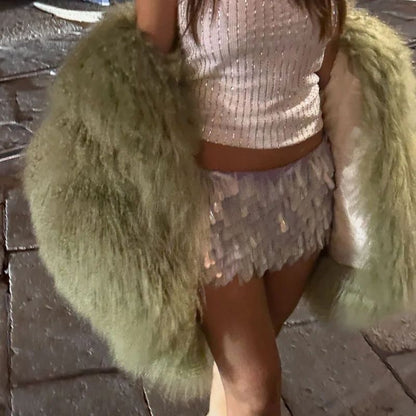 Solid Fashion Fake Fur Coat Women Chic Fluffy Warm Long Sleeve Loose Short Jacket Luxury 2025 Winter Lady Daily Street Outerwear