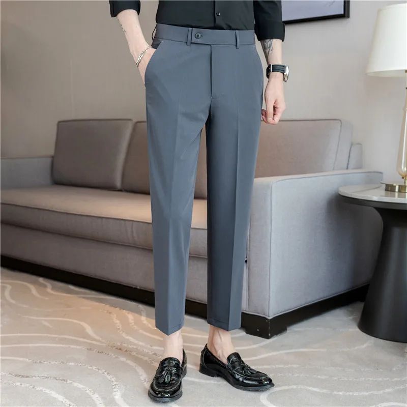 2025 Summer Thin White Elastic Nine Cent Suit Pants for Men,gray Blue Four-side Elastic Comfortable Drape Men's Casual Trousers