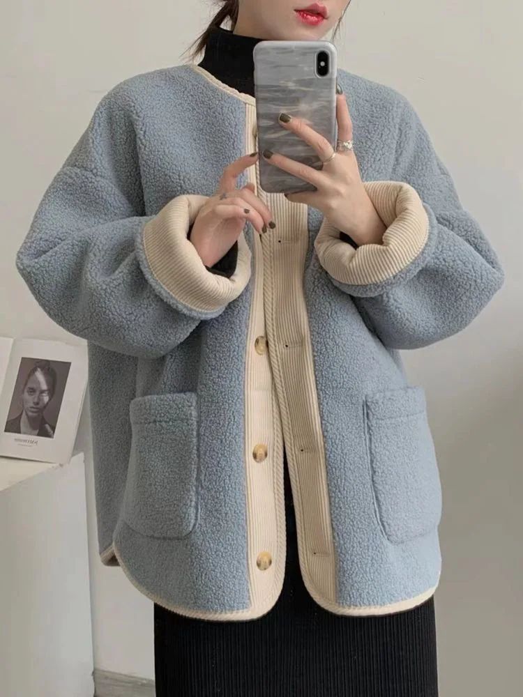 2024 Winter New Women's Lamb Wool Jacket Petite Loose-Fit Thickened Integrated Deer Skin Fleece Medium-Length Korean Style