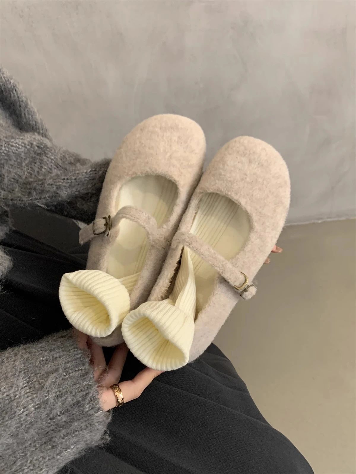Fashion Square Toe Fleece Flet Ballet Flats Woman Winter Warm Wool Mary Jane Shoes Ladies Brand Design Elegant Plush Loafers