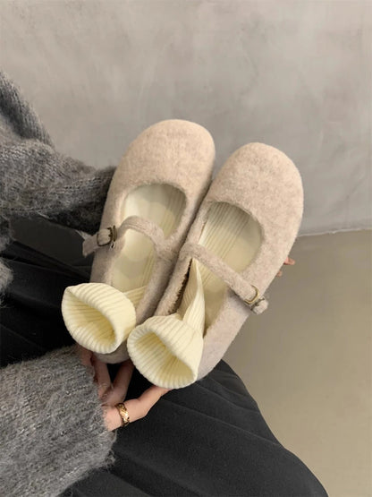 Fashion Square Toe Fleece Flet Ballet Flats Woman Winter Warm Wool Mary Jane Shoes Ladies Brand Design Elegant Plush Loafers