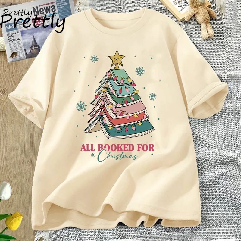 Book Tree Christmas T Shirt All Booked for Christmas T-shirt for Book Lover Librarian Teachers Tees Bookish Cotton Tshirt