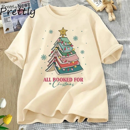 Book Tree Christmas T Shirt All Booked for Christmas T-shirt for Book Lover Librarian Teachers Tees Bookish Cotton Tshirt