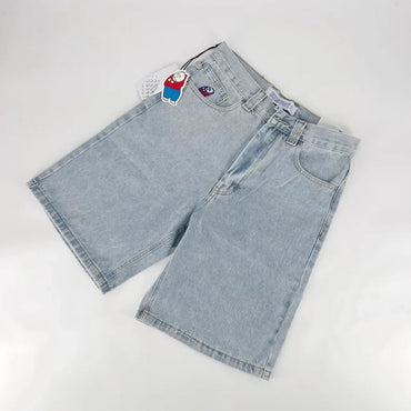 Summer retro black pocket embroidery simple mid-length trousers men's Harajuku street wear y2k trendy washed loose denim shorts