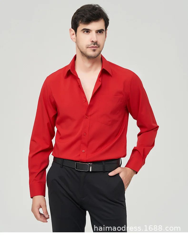 Iron-Free Long Sleeve Silk Smooth Drapey Wedding Shirt for Men Summer Business Formal Wine Red Large Size Men's Clothing