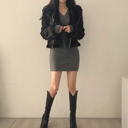 Women Knit Slim Sexy Bodycon Dress V-Neck Long Sleeve Dress Solid Casual Midi Sw