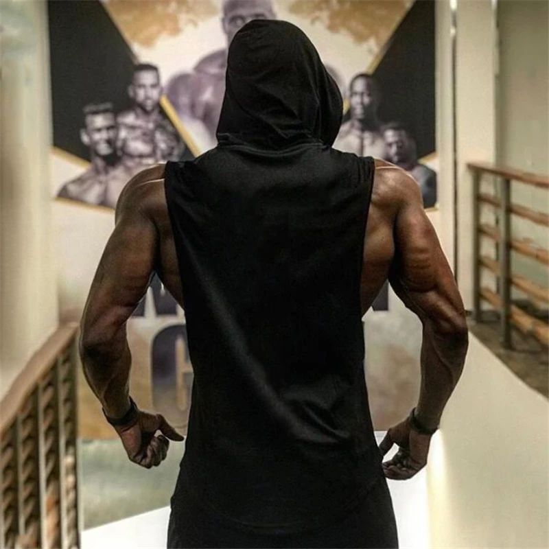 Plain Men's Gym Tank TopSinglets Bodybuilding Stringer Muscle Vest Hoodies Fitness Sleeveless Hooded T Shirt Cut Off Sports