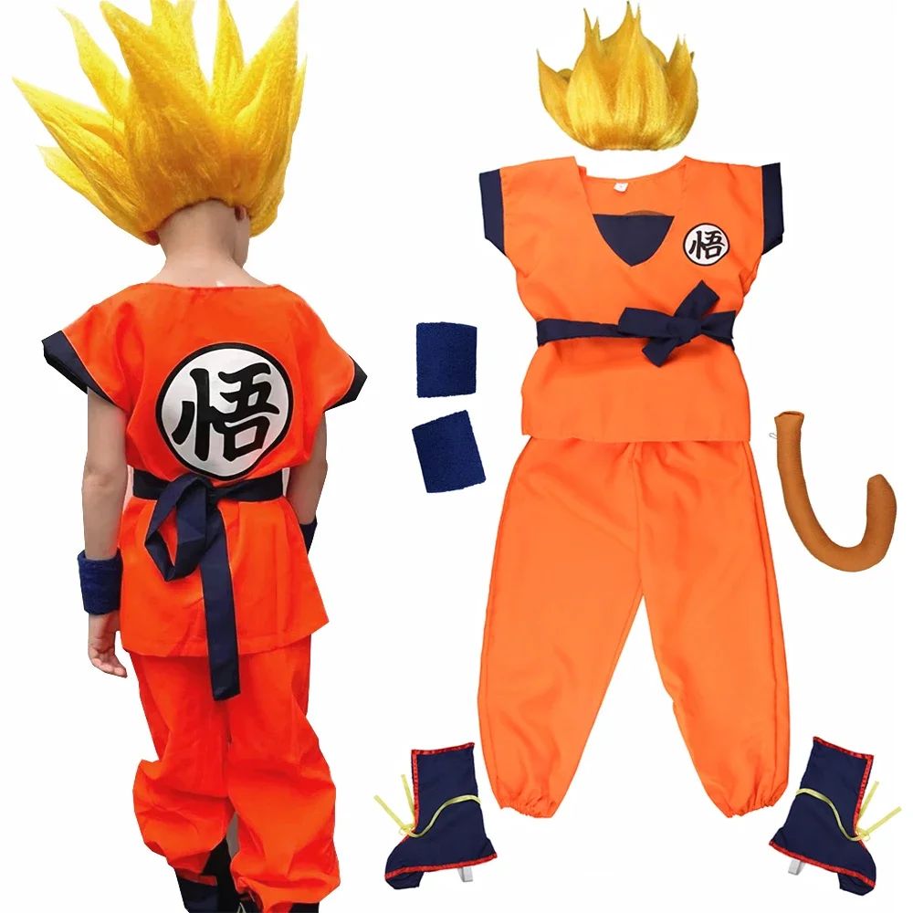 Adult Kids Son Goku Gui Carnival Cosplay Anime Costumes Halloween parties and Holiday Including Tail Wrist Wig Blue Gold Design