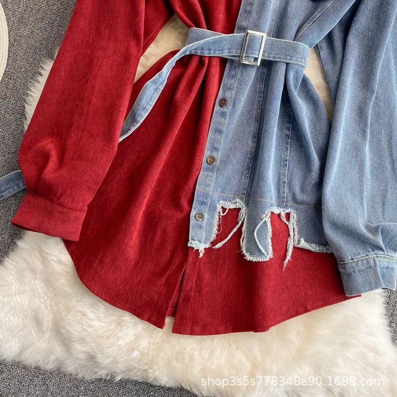 Slimming Denim Patchwork Lapel Dress Autumn Waist-fitted Medium-length Shirt