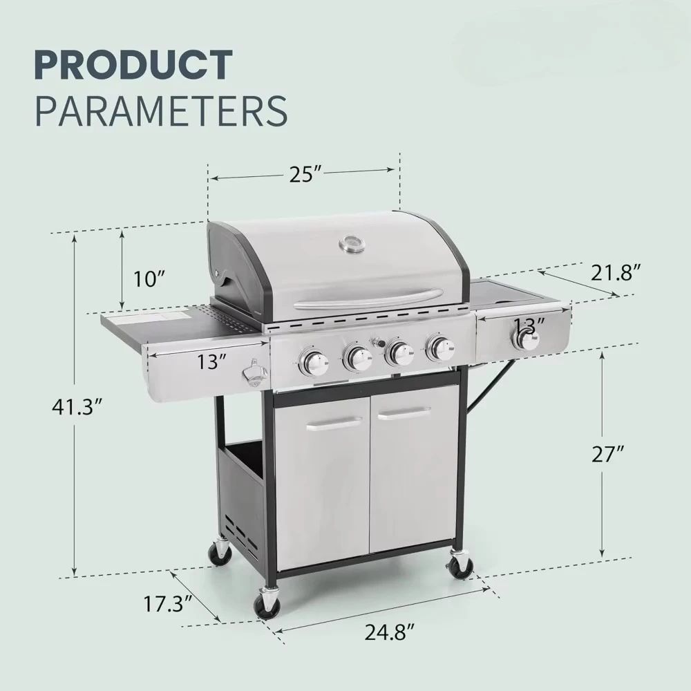 4-Burner Propane Gas BBQ Grill with Side Burner & Porcelain-Enameled Cast Iron Grates,Patio Backyard Barbecue