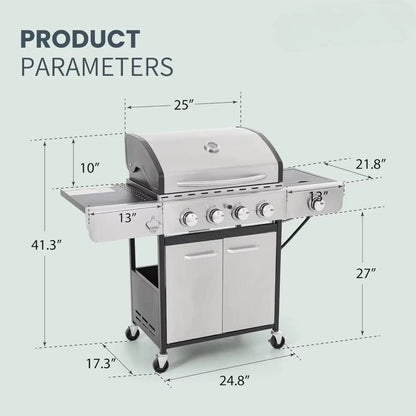 4-Burner Propane Gas BBQ Grill with Side Burner & Porcelain-Enameled Cast Iron Grates,Patio Backyard Barbecue