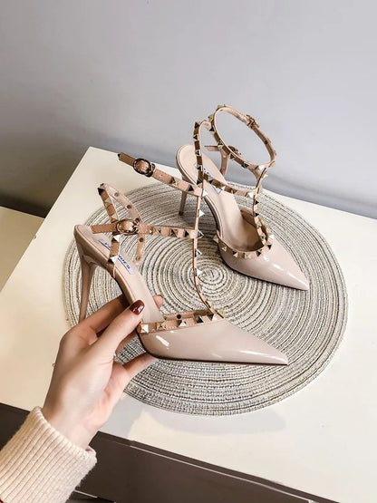 Riveted Nude High Heel Sandals for Women in Summer 2024, New Slim Heeled Pointed Fashion Sexy Back Empty Women's Sandals