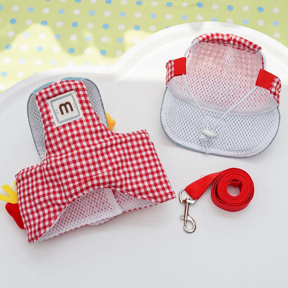 Conjunto de Coleira, Arnês e Chapéu de Sol para Animais de Estimação - Desenho Animado, Gato Fofo, Fantasia de Cachorro, Colete, Corda e Boné para Gatos e Cães Pequenos, 3 Peças, Artigos para Animais de Estimação ao Ar Livre