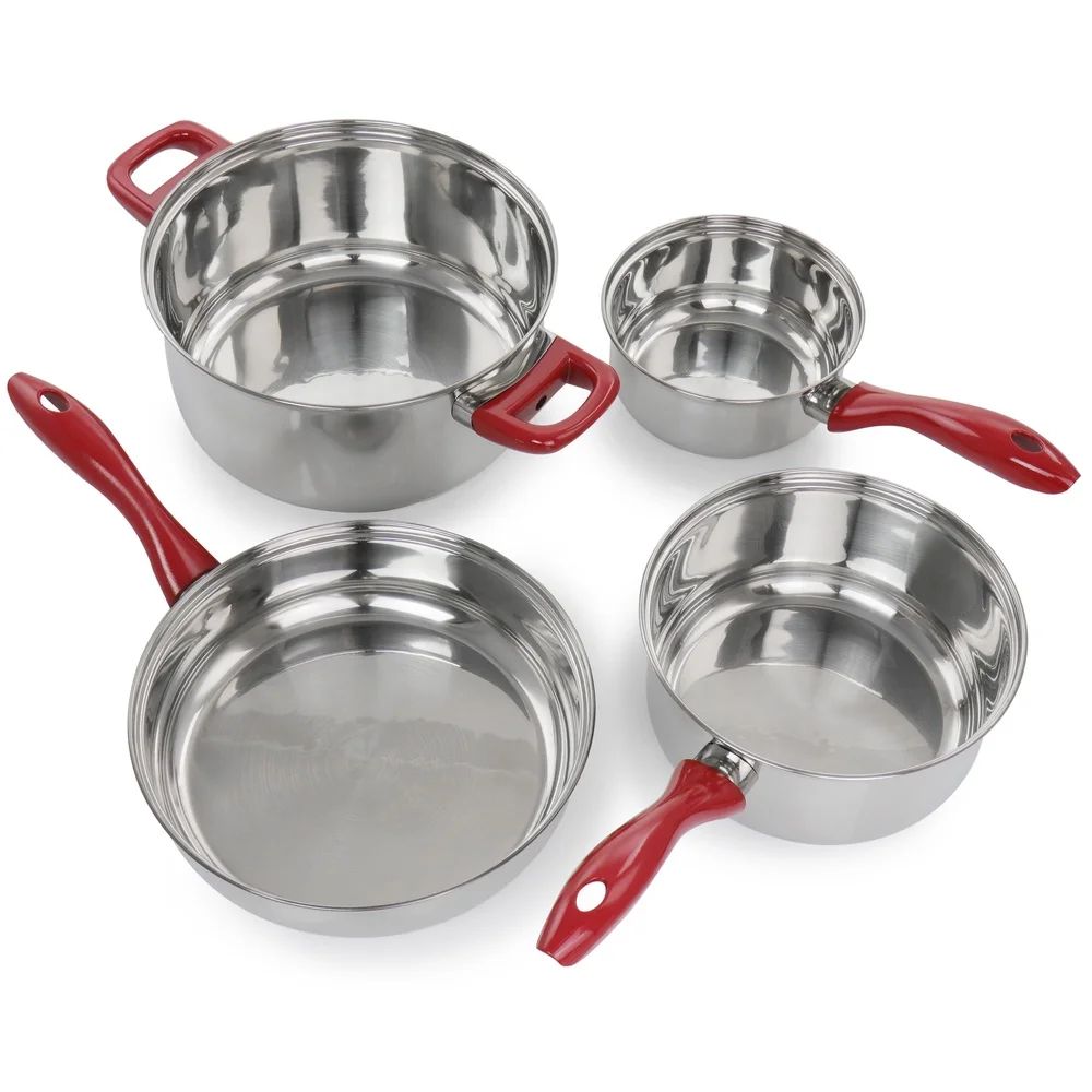 7 Piece Stainless Steel Cookware Set Durable Dishwasher Safe Kitchen Pots Pans Chrome Red Handles Essential Cookware
