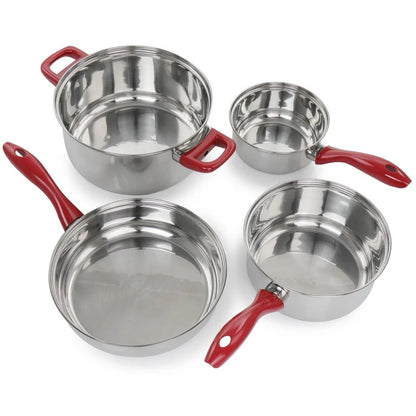 7 Piece Stainless Steel Cookware Set Durable Dishwasher Safe Kitchen Pots Pans Chrome Red Handles Essential Cookware