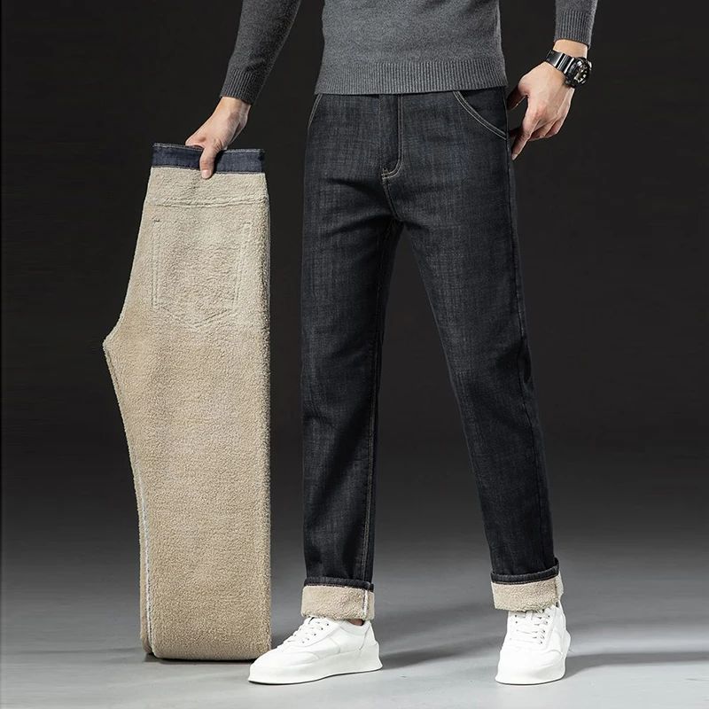 Calça Jeans Masculina de Inverno Forrada com Lã Grossa Calça Jeans Masculina de Cintura Solta Reta Slim Fit Calça Social Casual Confortável