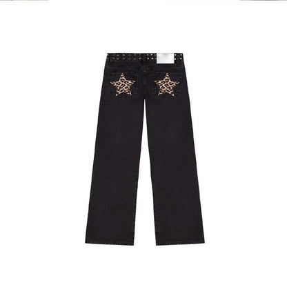 Spanish Street Fashion ONE DILEMMA Style Rivet Five-pointed Star Pattern White Jeans Women's Autumn Slim Straight Pants