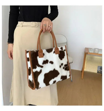 New Women Soft Plush Hand Bag New Winter Leopard Cow Print Tote Bags Female Pu Leather Underarm Bags Furry Fluffy Shoulder Bag