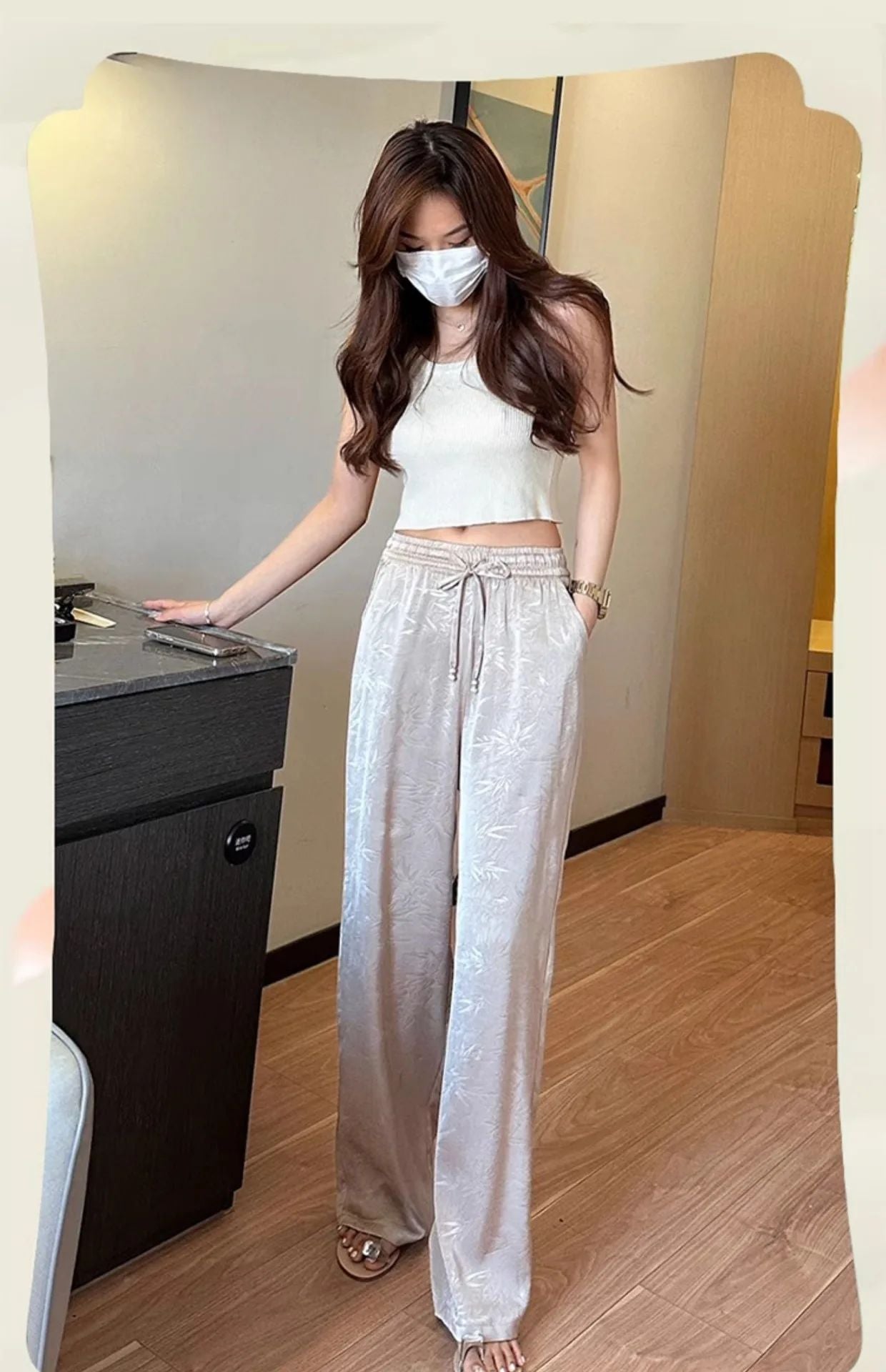 Plus Size Acetate Wide Leg Pants Women's Spring Autumn National Style Print High Waist Slimming Drapey Cool Large Size Women'...