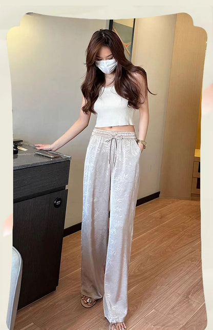 Plus Size Acetate Wide Leg Pants Women's Spring Autumn National Style Print High Waist Slimming Drapey Cool Large Size Women'...