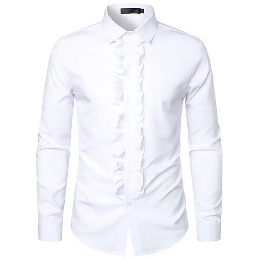 New 2025 Men's Long Sleeve Tuxedo Shirts Fashion Party Wedding Male Dress Shirts Ruffle Pleated Design Solid Shirt Chemise Homme