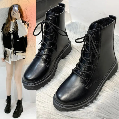 New Autumn Flat-soled Retro Lace-up Short-tube Solid Color Round-toe Korean Style Fashion Boots Sports Thick-soled Riding Boots