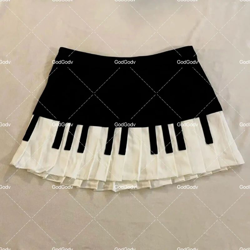 2000s Aesthetic Elegant Women Piano Skirt Stripe Design Y2k Slim Mini Skirt Female Black White Spliced Korea Style Chic Outfits