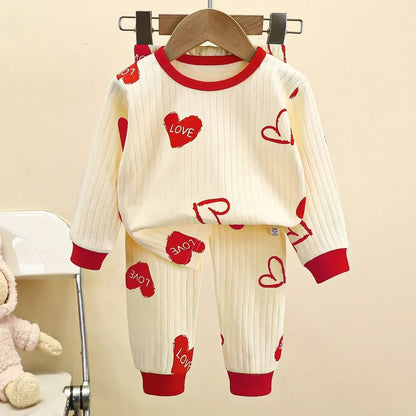 Kids Boys Girls Pure Cotton Warm Pajamas Cute Cartoon Long Sleeve T-Shirt + Pants Toddler Baby Autumn Underwear Clothing Sets