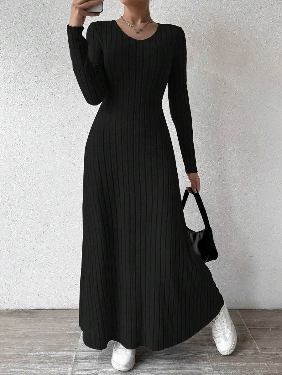 Fashionable Knitted Long Sleeve A- Line Streetwear Dress For Women Smooths And Slims Your Silhouette Solid Color Long Dress