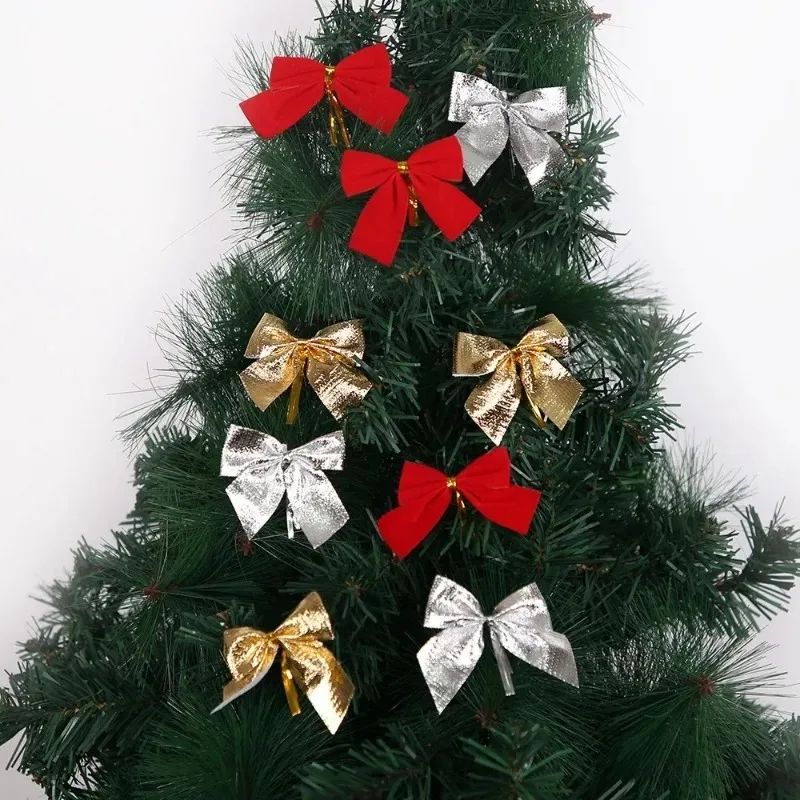 240/12PCS Mini Christmas Bow Ornaments Red Gold Xmas Tree Hanging Pendant DIY Craft New Year Home Party Decoration Bowknot Gifts