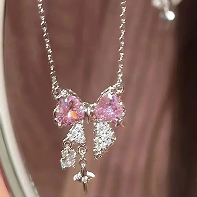 Colares de Pingente de Laço de Cristal Rosa Fada da Moda Y2K Meninas Doce Strass Coração Clavícula Cadeia Mulheres Jóias Presentes