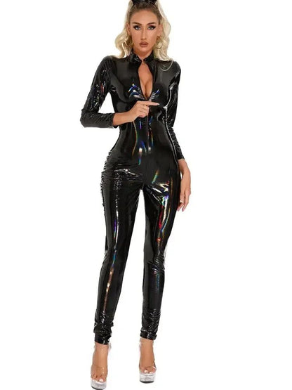 Unisex Laser Natte Look Pvc Catsuit Glanzend Pu Lederen Rits Open Kruis Bodysuit Panty Cosplay Leotard Sexy Jumpsuit