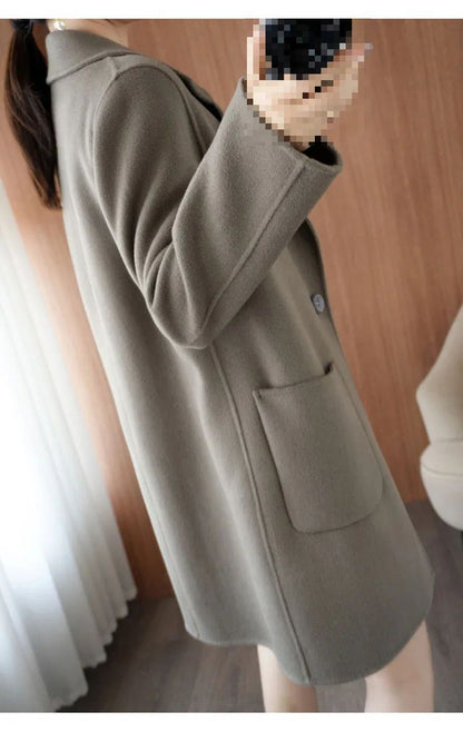 Ladies' Fashionable Woolen Coat Autumn Winter High End Medium Length Leisure Style Woolen Outerwear Pure Color Full Sleeve